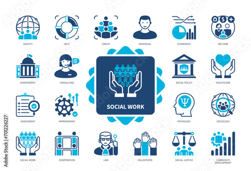 Social Work icon set. Society, Psychology, Social Justice, Sociology, Improvement, Economics, Community Development, Government. Duotone color solid icons