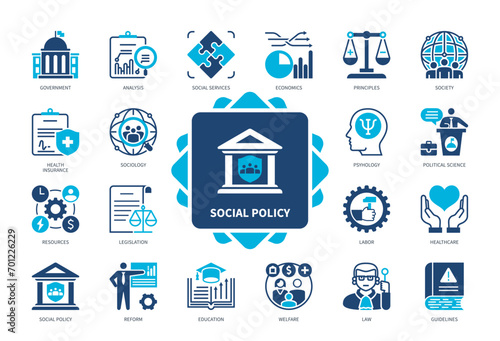 Social Policy icon set. Government, Political Science, Legislation, Social Services, Labor, Welfare, Reform, Education. Duotone color solid icons