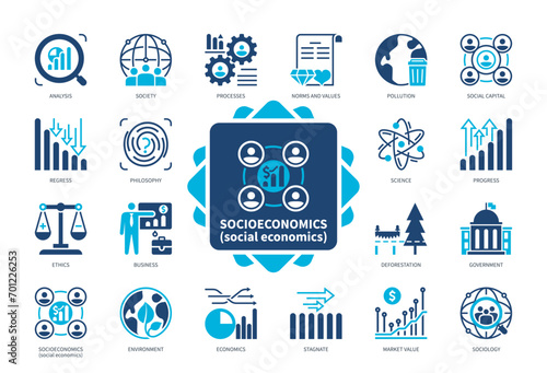 Socioeconomics icon set. Norms and Values, Pollution, Analysis, Processes, Ethics, Sociology, Science, Social Capital. Duotone color solid icons photo