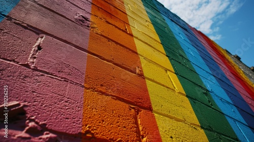 LGBT flag. Huge rainbow graffiti on a brick wall. Freedom of love and diversity 