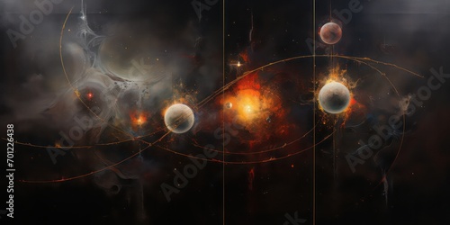 Oil painting  texture set against a black background, presenting an abstract representation astral imagery, depicting planets and stars suspended. © Fayrin