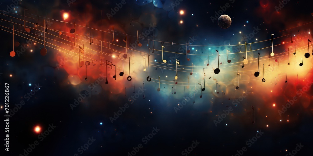 Abstract background image featuring music notes suspended in a cosmic expanse blur background. - obrazy, fototapety, plakaty 