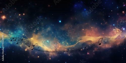 Abstract background image featuring music notes suspended in a cosmic expanse blur background.