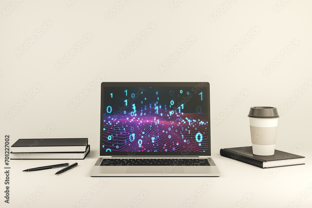 Creative abstract binary code hologram on modern computer monitor, AI and machine learning concept. 3D Rendering Creative abstract binary code hologram on modern computer monitor, AI and machine learning concept. 3D Rendering