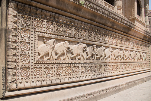 Beautiful carvings and sculptures on the wall of Maheshwar temple, Indore, Madhya Pradesh, India, Asia. photo