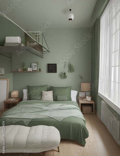 interior of a green bedroom minimalism
