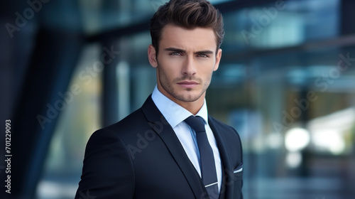 Portrait of handsome caucasian man in formal suit looking at camera smiling with toothy smile isolated in white background. Confident businessman ceo boss freelancer manager