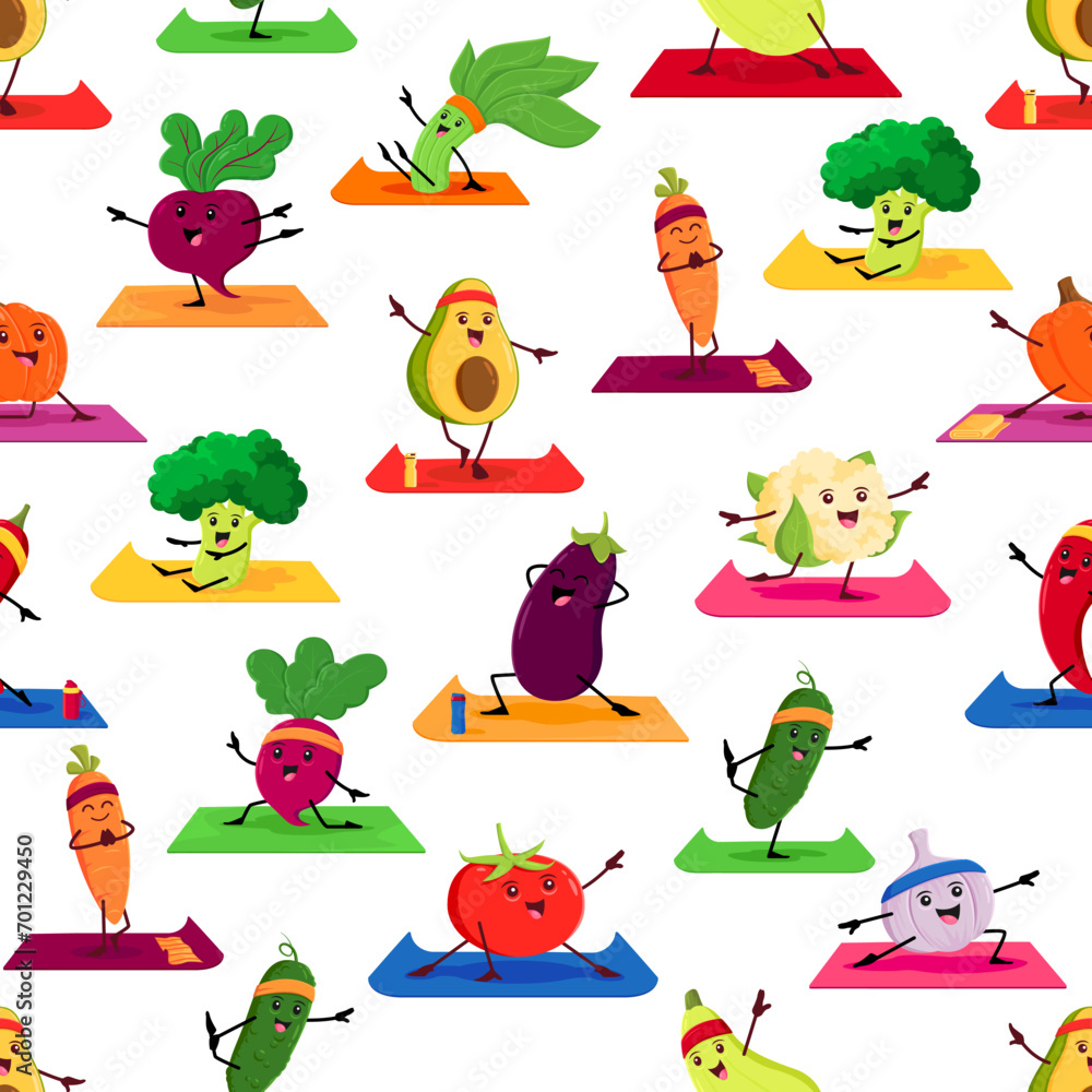 Fototapeta premium Cartoon vegetable characters on yoga seamless pattern background, vector funny spinach and broccoli. Cute avocado, garlic and tomato vegetable with cucumber and eggplant on yoga exercise mat pattern