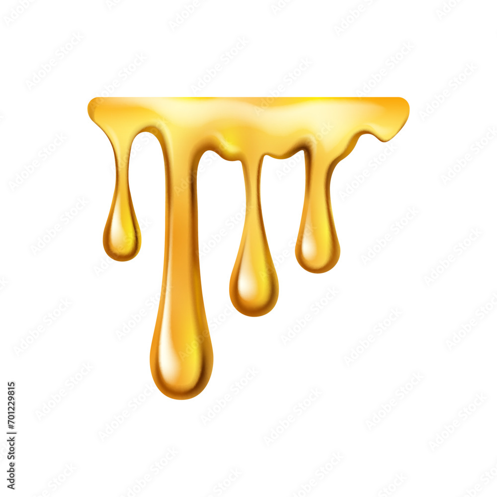 Dripping honey with drops, isolated sweet sweet sticky liquid. Vector melting or flowing caramel or maple syrup, juice or oil substance or essence Dripping honey with drops, isolated sweet sweet sticky liquid. Vector melting or flowing caramel or maple syrup, juice or oil substance or essence