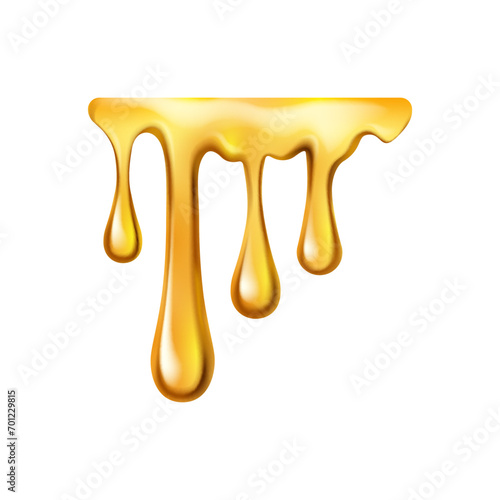 Dripping honey with drops, isolated sweet sweet sticky liquid. Vector melting or flowing caramel or maple syrup, juice or oil substance or essence