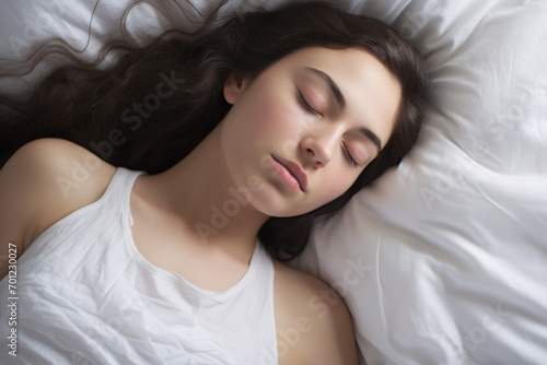 Close up of woman with dark hair sleeping on white pillow