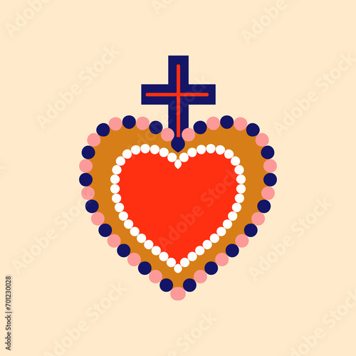 Mexico sacred heart with Christian cross symbol. Jesus love and Mexican culture tattoo, patch or apparel vector print. Latin America spiritual decoration or print with sacred heart and cross photo