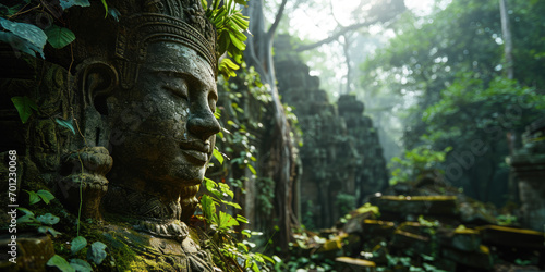 Big stone head statue in a jungle