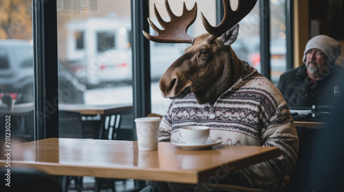 A moose wearing a sweater sitting at a table. Generative AI.