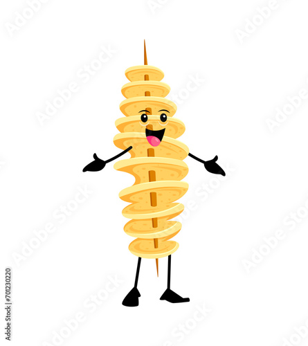 Cartoon cheerful funny spiral potato takeaway fast food character. Isolated vector whimsical fun fair or carnival snack personage with happy face and spiral body, radiating cheerfulness and warmth