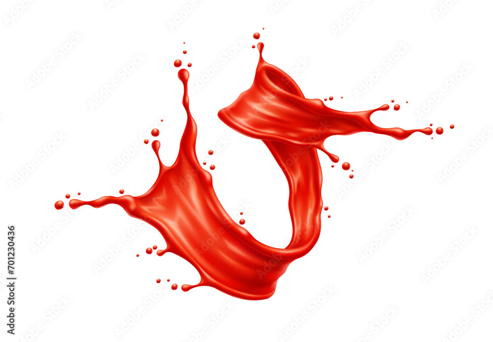 Tomato red juice or ketchup sauce tornado swirl splash. Vector 3d tomato vegetable food condiment, juice drink or ketchup sauce realistic spiral flow with red juicy drops, splatters and smooth texture - obrazy, fototapety, plakaty 
