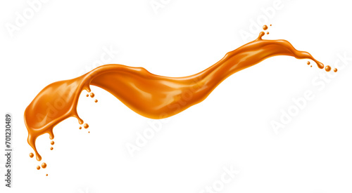 Caramel syrup splash, sauce wave swirl. Isolated golden flow with drops. Juice or toffee squirt. Realistic 3d vector drink slop, liquid sugar candy wavy splosh with creamy texture and spray droplets
