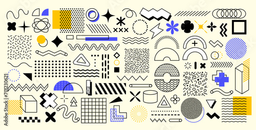Abstract geometric memphis shapes. Vector set of vibrant and dynamic figures and patterns, featuring bold colors and intersecting lines that evoke a sense of modern and retro design fusion elements