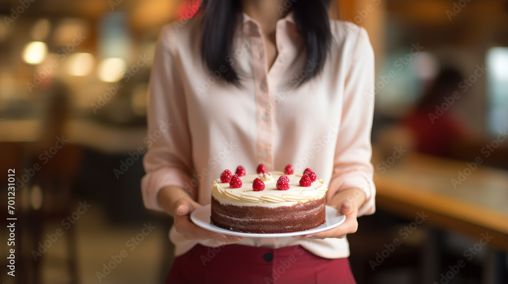 asia businesswoman hold cake for celebration asia businesswoman hold cake for celebration