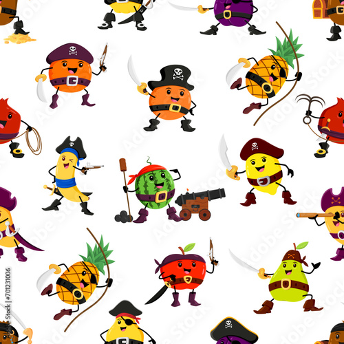 Cartoon fruit pirate and corsair characters seamless pattern, vector background. Funny orange and apple pirates in captain hat with skull crossbones, lemon filibuster and pear buccaneer with sword