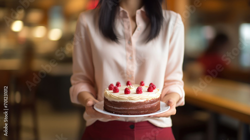 asia businesswoman hold cake for celebration
