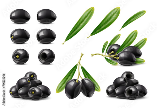 Realistic black olives. isolated raw olive branches and leaves 3d vector set. Small  dark fruits with rich  briny flavor used in mediterranean cuisine and are packed with healthy fats and antioxidants