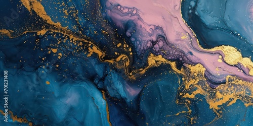 Abstract paint background by deep blue and gold pink color with liquid fluid texture in luxury.