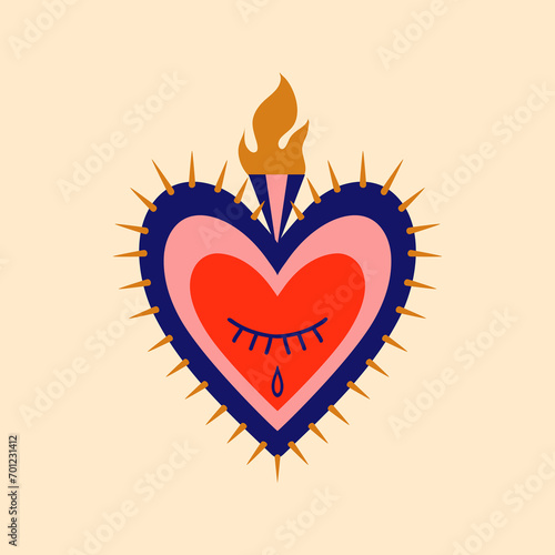 Mexican sacred heart with thorns vintage tattoo. Mexico decoration, Christian religion love tattoo or patch. God heart spiritual vector symbol or apparel print with flame, spikes and crying eye