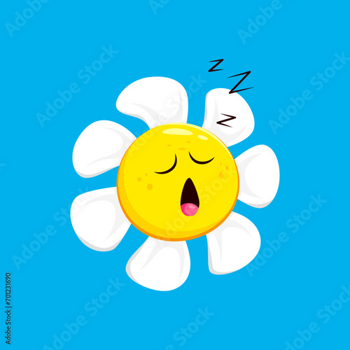 Cartoon chamomile, daisy flower character with sleepy face emotion. Isolated vector peaceful blossom emoji snoozes, emitting tranquility and serenity in its slumber, embodying essence of restful sleep