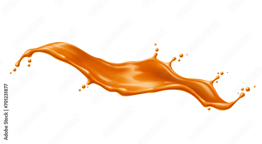 Caramel sauce flow wave splash. Vector 3d splash of milk cream toffee candy with drops and ripples. Realistic liquid brown syrup of melted sugar, butter and cream, dessert food or confectionery - obrazy, fototapety, plakaty 