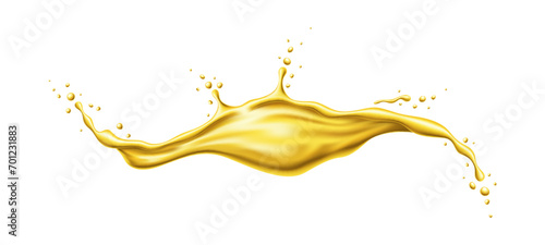 Yellow beer, oil or juice splashes, realistic liquid swirl and wave flow, vector background. Golden paint, honey or sugar syrup and oil wave spill with drops splatter in splash of sweet candy flow