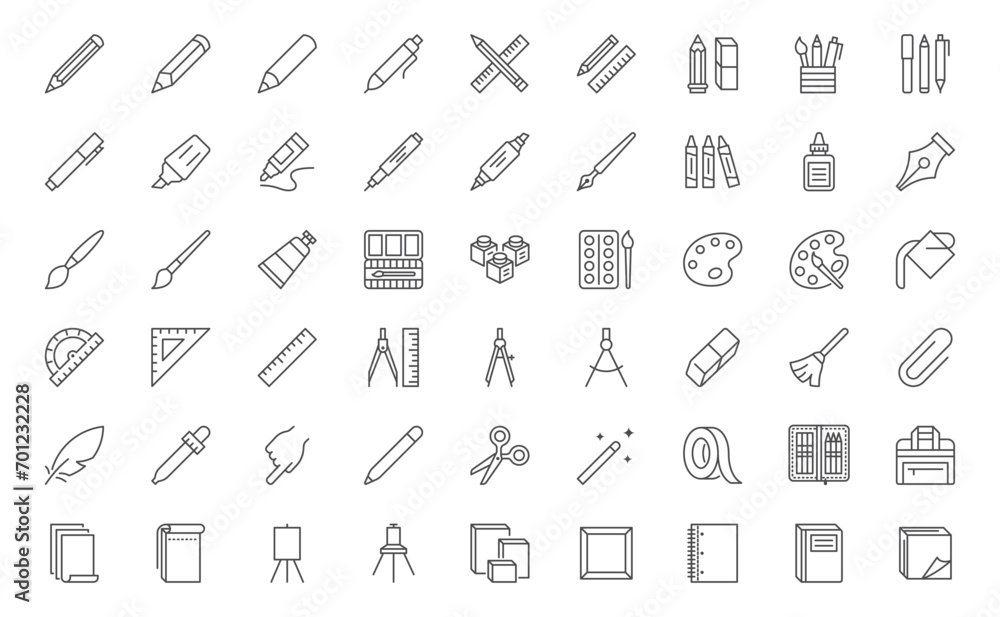 Drawing tools line icon set. Pencil, ruler, eraser, liner marker, highlighter, sketchbook, notebook, paintbrush minimal vector illustrations. Simple outline signs for stationery. Editable Stroke Drawing tools line icon set. Pencil, ruler, eraser, liner marker, highlighter, sketchbook, notebook, paintbrush minimal vector illustrations. Simple outline signs for stationery. Editable Stroke