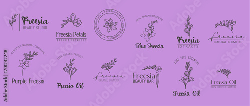 Freesia minimal logo. Natural cosmetics, oil and beauty symbols with freesia flowers, epitomizing elegance and beauty, capturing natural grace and allure, isolated vector set on lilac background