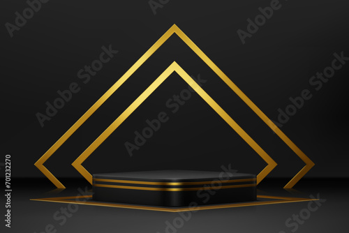 Black or grey podium stage with golden arch, realistic 3d vector mockup. Square platform or pedestal for product presentation in studio. Background with rectangular stand for displaying cosmetics photo