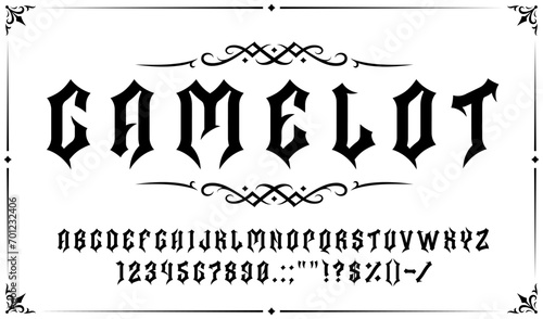 Gothic font, retro medieval type, vintage tattoo typeface, antique English alphabet. Vector latin european letters in style of past centuries. Symbols, numbers and signs for monogram and calligraphy photo