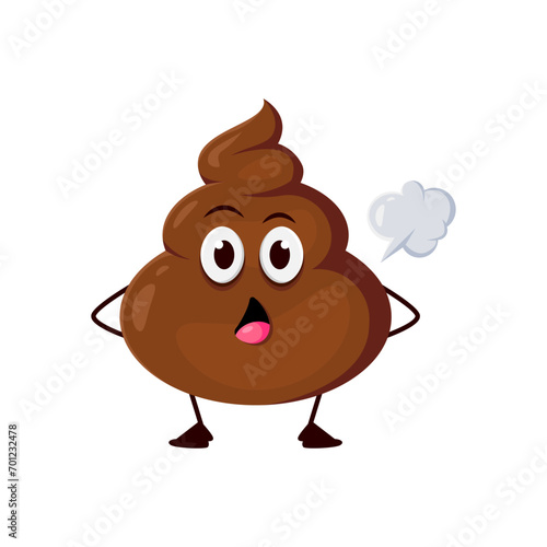 Cartoon poop emoji, funny poo excrement character, happy toilet shit emoticon emitting gas cloud humorously. Isolated vector cheeky comical brown stool personage fart with a mischievous surprised face