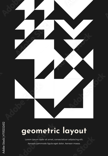 Abstract Bauhaus monochrome geometric pattern for poster or banner, vector cover template. Black and white Bauhaus pattern background with simple shape elements of Swiss or Scandinavian mosaic pattern