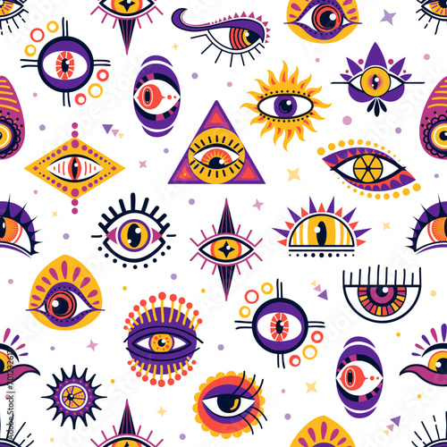 Magical witchcraft eyes seamless pattern background, vector esoteric and occult magic symbols. Witchcraft magic pattern of cartoon of Horus eye and Egypt pyramid, mystery amulets and clairvoyant eyes
