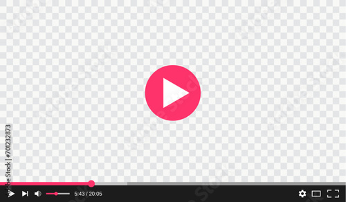 Transparent video player with play and control buttons interface, vector template. Digital web video player window with screen frame on transparent background with menu bar for online stream media