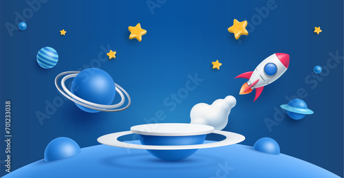 3D kid podium stage with space rocket, galaxy planets and stars, vector product display. Kids podium stand on background with cartoon toy rocket spaceship and galaxy planets in sky with stars