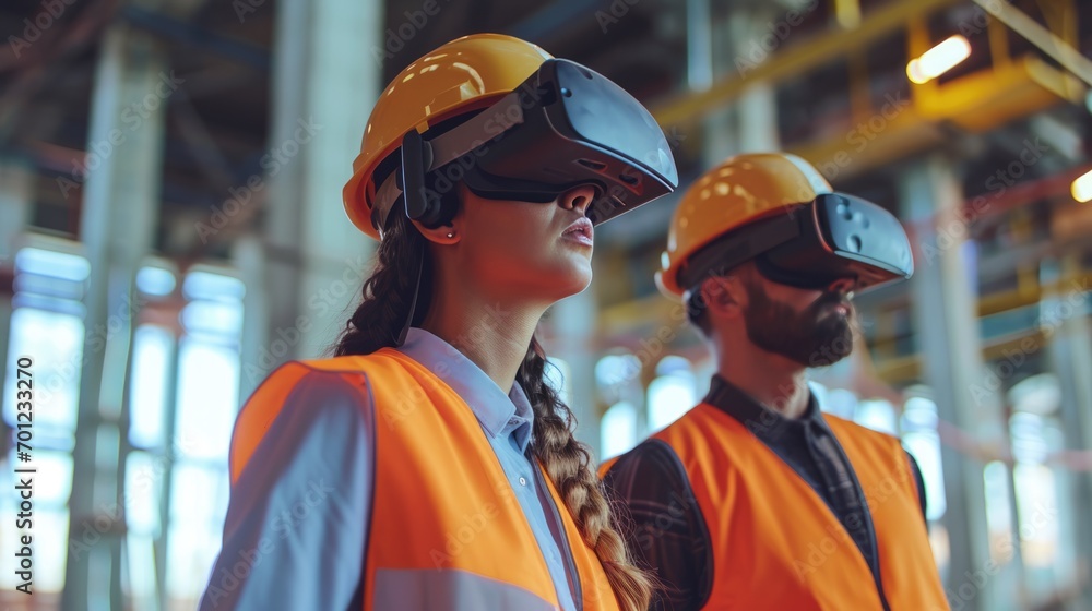 Modern construction worker using VR gear to visualize projects on site. Construction technology concept. Engineer man.