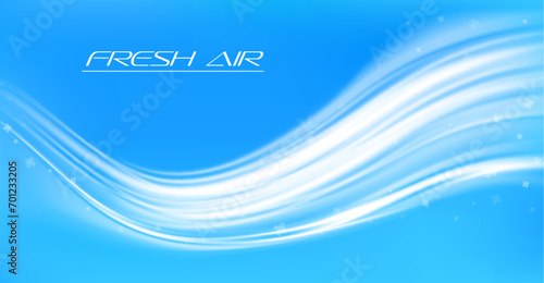 Fresh air flow or cold wind wave with snowflakes or snow motion effect, vector light blue background. Fresh cool air flow or wind stream for AC conditioner, purifier or fresh climate technology photo