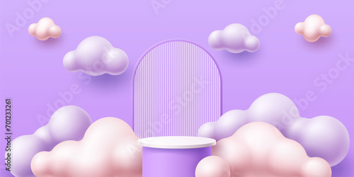 Kid podium with clouds, baby children 3D stage or product display stand, vector background. Pastel purple platform podium with bubble balloon clouds and arch scene on wall for kid toys display