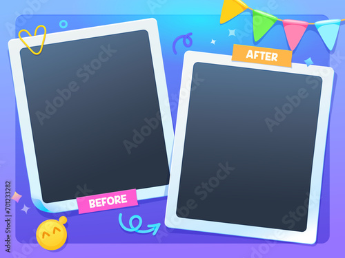 Before and after template with photo frames on paper clip, vector background. Comparison, VS change compare and transformation challenge template of before and after for social nets media