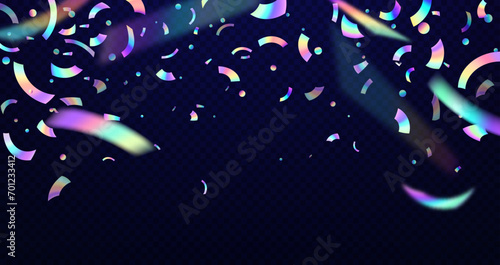 Holographic neon confetti of iridescent rainbow firecracker paper particles, vector overlay effect. Hologram glitter foil confetti with holograph light glow on transparent background for birthday