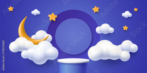 3D kid podium stage with moon and white clouds in sky for baby children, vector product display. Kids podium stand background with platform cylinder and dream blue clouds, crescent moon and stars