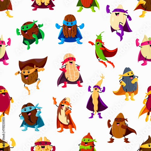 Cartoon nuts, bean and legume superhero characters seamless pattern. Vector background with kidney, soy, macadamia or almond. Coconut, pistachio, peanut and coffee with pumpkin seed brave super heroes