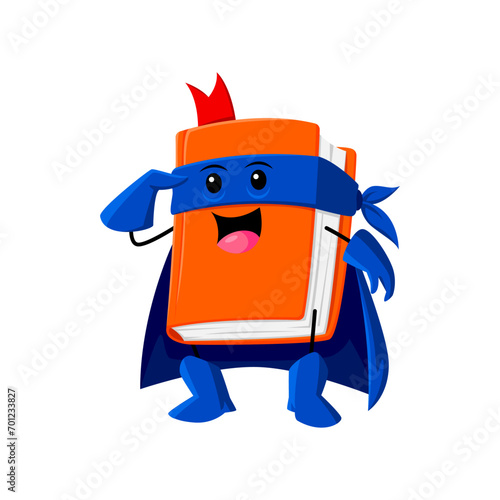 Cartoon textbook school supply superhero and defender character. Isolated vector book dynamic personage with bookmark and pages, filled with knowledge, empowers students on their educational quests
