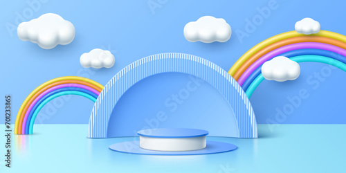 3D kid toy podium with rainbow and clouds on baby children stage, vector background. Kid or baby products display showcase pedestal or showroom studio and exhibition showcase scene mockup with rainbow