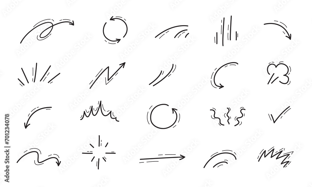 Hand drawn doodle movement motion lines, arrows and puff clouds, cartoon vector effects. Abstract symbols of spiral arrow or curve wave lines, check mark and rotation movement in doodle scribble - obrazy, fototapety, plakaty 